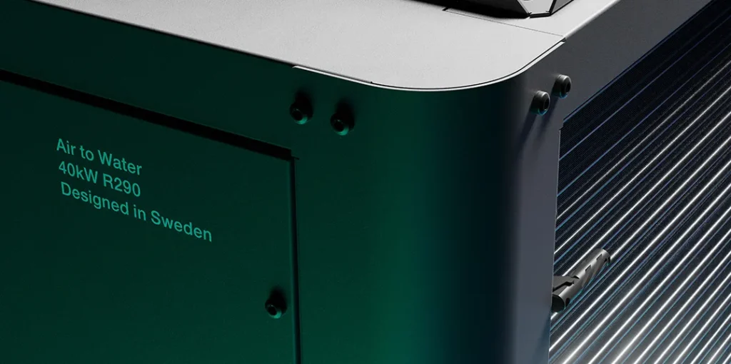 Zoomed in on text at 40 kW commercial unit. The text is: Air to Water.40 kW R290, Designed in Sweden