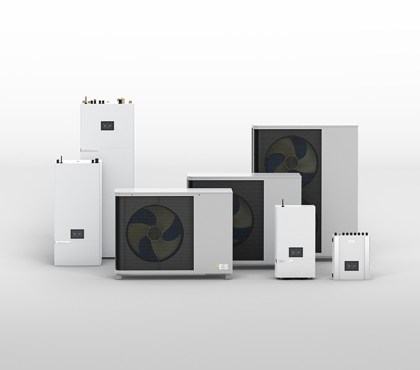 R290 Heat Pump series with both outdoor and indoor units in differenc sizes.