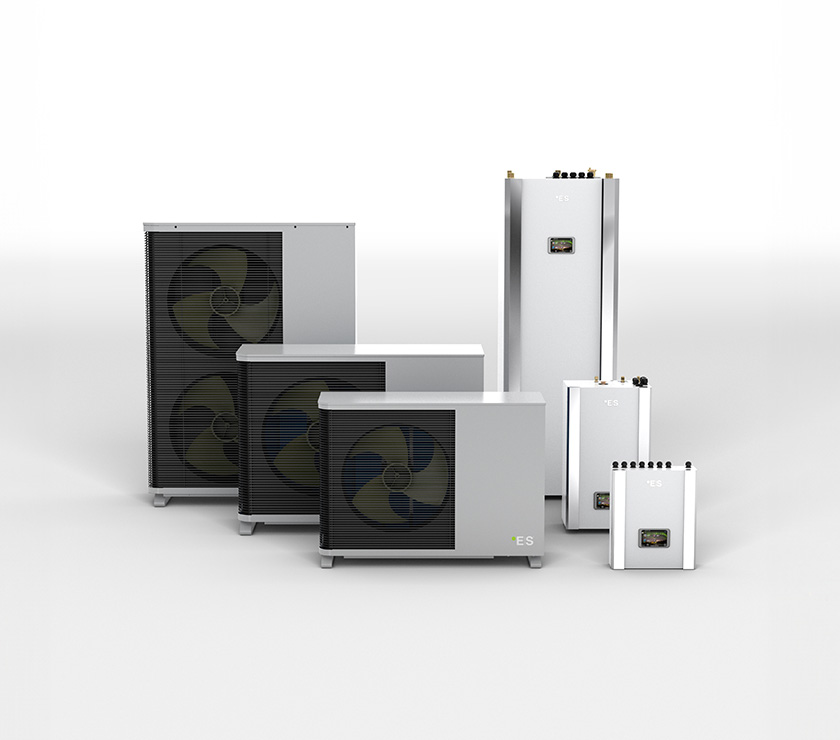 V8 Heat Pump series with both outdoor and indoor units in differenc sizes.