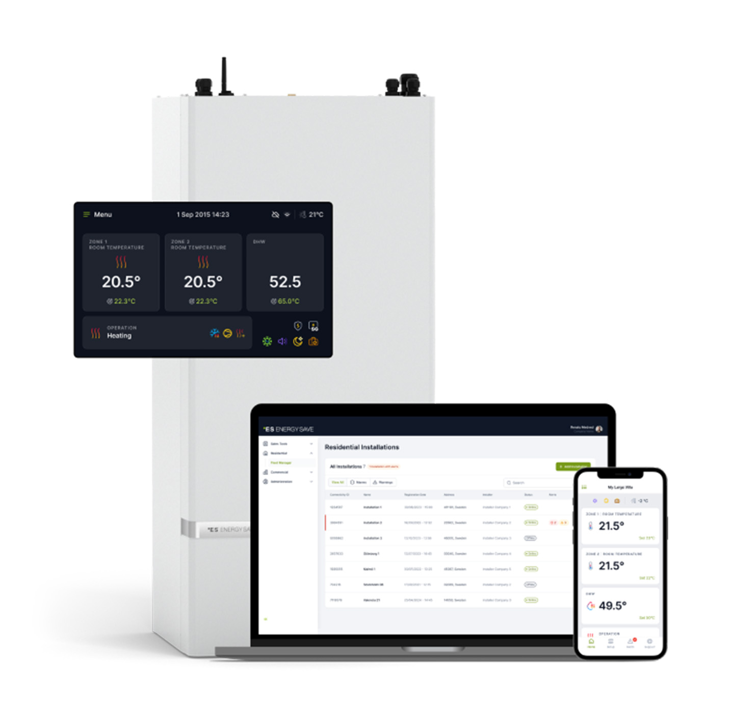Digital tools for R290 residential series shown on different screens: indoor display, smartphone and laptop.