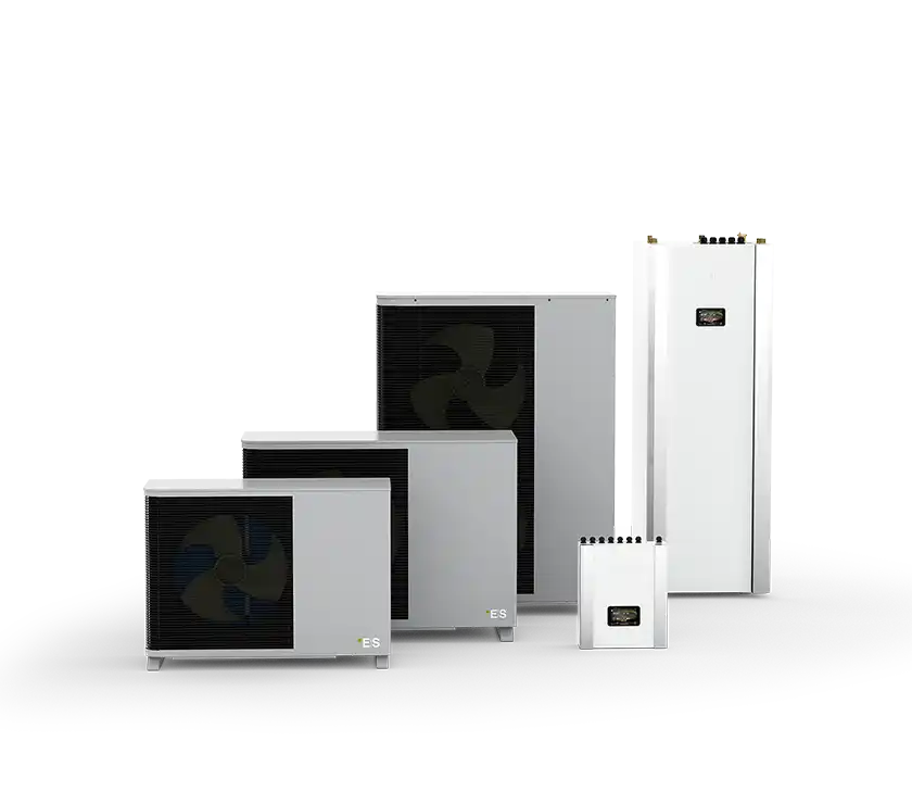 R32 monobloc heat pump series showing outdoor and indoor units.