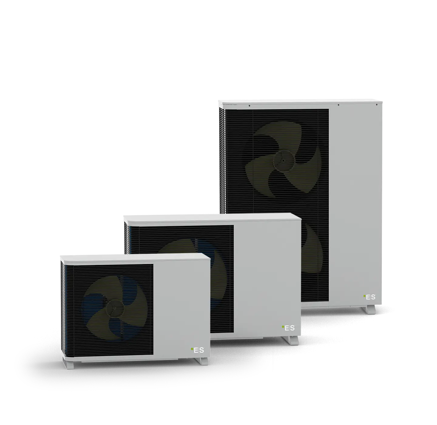 R32 monobloc heat pump outdoor units in three sizes.