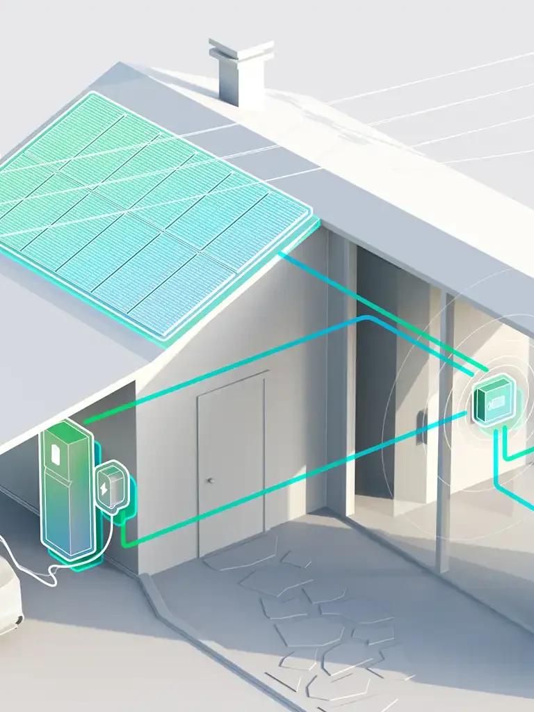 Smart home energy management system with solar panels, EV charging and heat pump integration.