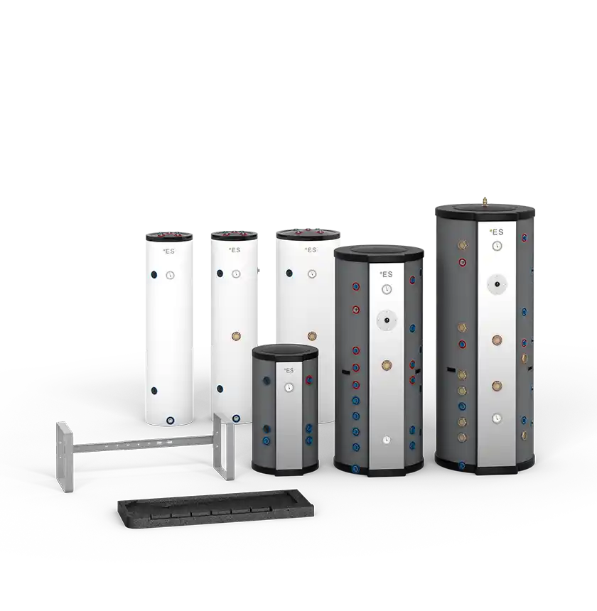 Heat pump accessories collection with buffer tanks, multifunctional tanks, stands and drain pans for efficient installation.