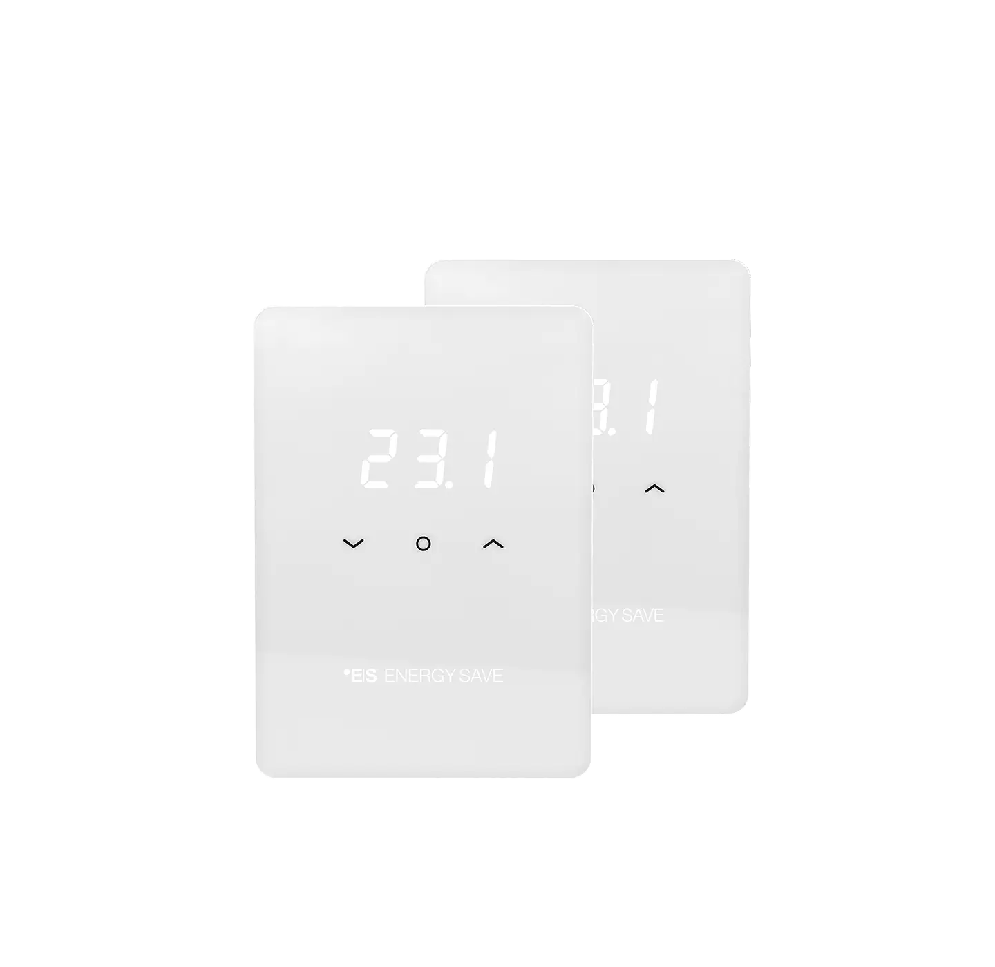 Two Energy Save wireless thermostats in clean design and white color.