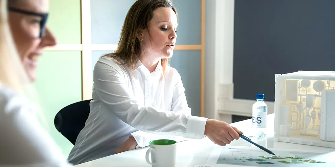 Two Energy Save colleagues discussing product development in meeting.